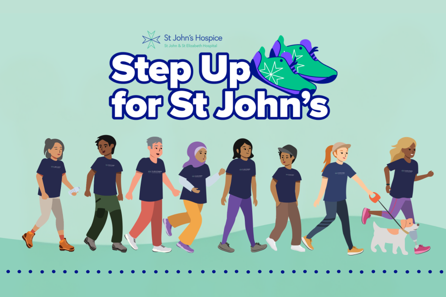cartoon characters wearing their navy blue St John's Hospice t-shirts who are walking or running. The St John's Hospice logo sits above it with teh words Step Up for St John's.