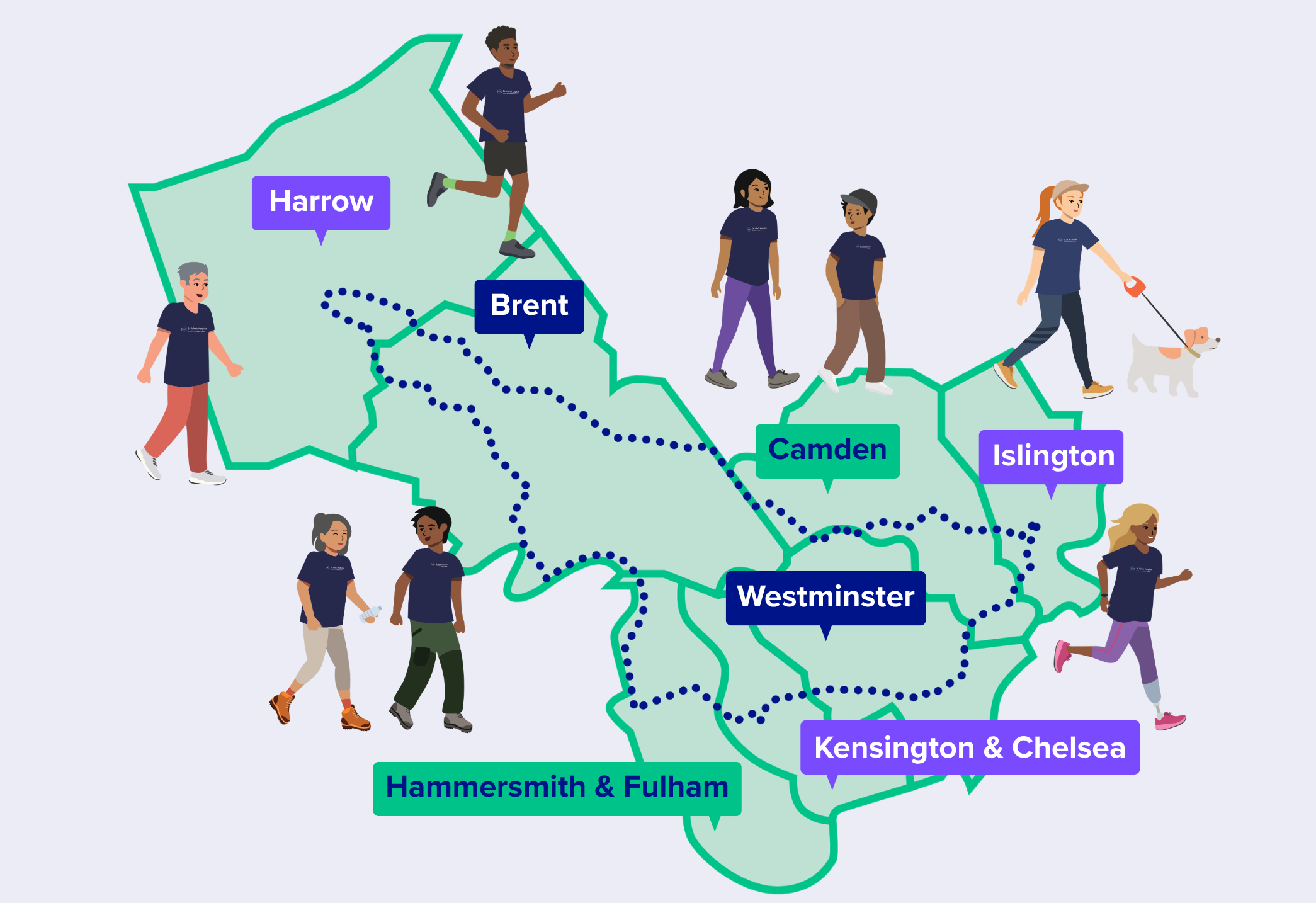 A graphic that depicts the 7 boroughs we work in across North, West and Central London. It has a plotted route depciting the 30 miles as well as cartoon characters wearing their navy blue St John's Hospice t-shirts who are walking or running.