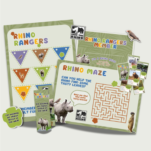 Activity sheets, rhino cards, bookmarks, stickers and pins