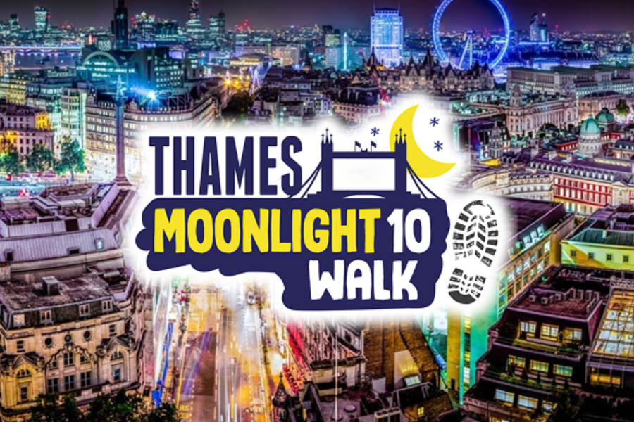 London skyline at night with the Thames Moonlight 10 Walk Logo in the middle.