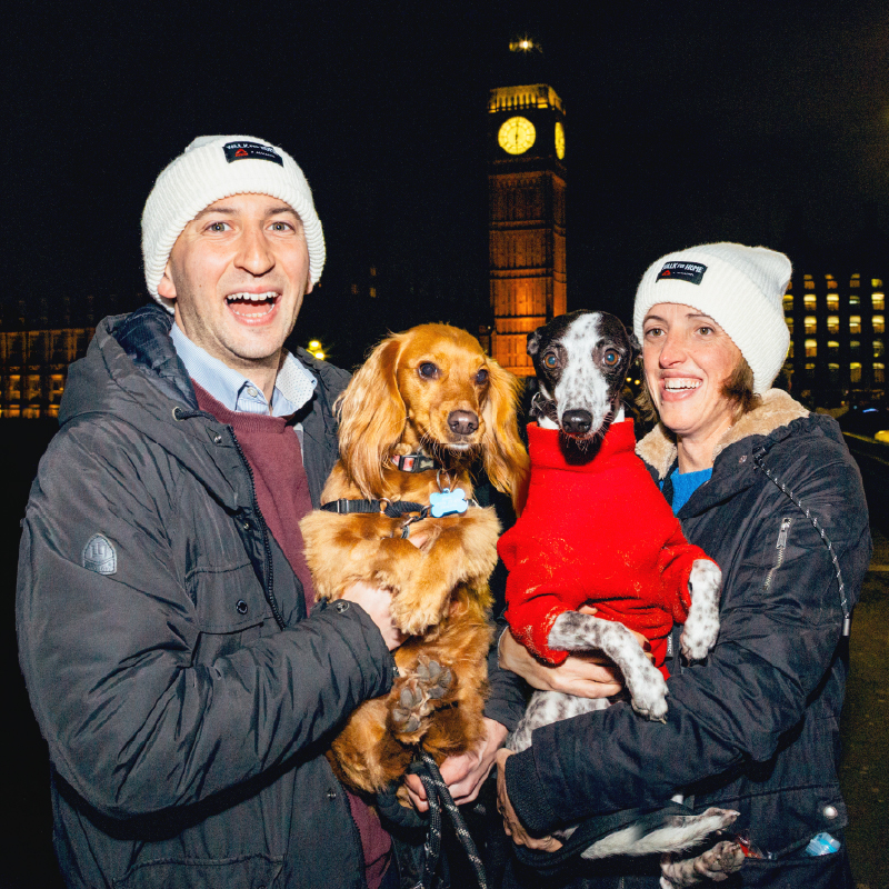 A cheerful couple bundled up in dark winter coats and matching white 'Walk for Home' beanie hats standing outdoors at night, holding a golden cocker spaniel and a black-and-white whippet wearing red coats, with Big Ben lit up in the background.